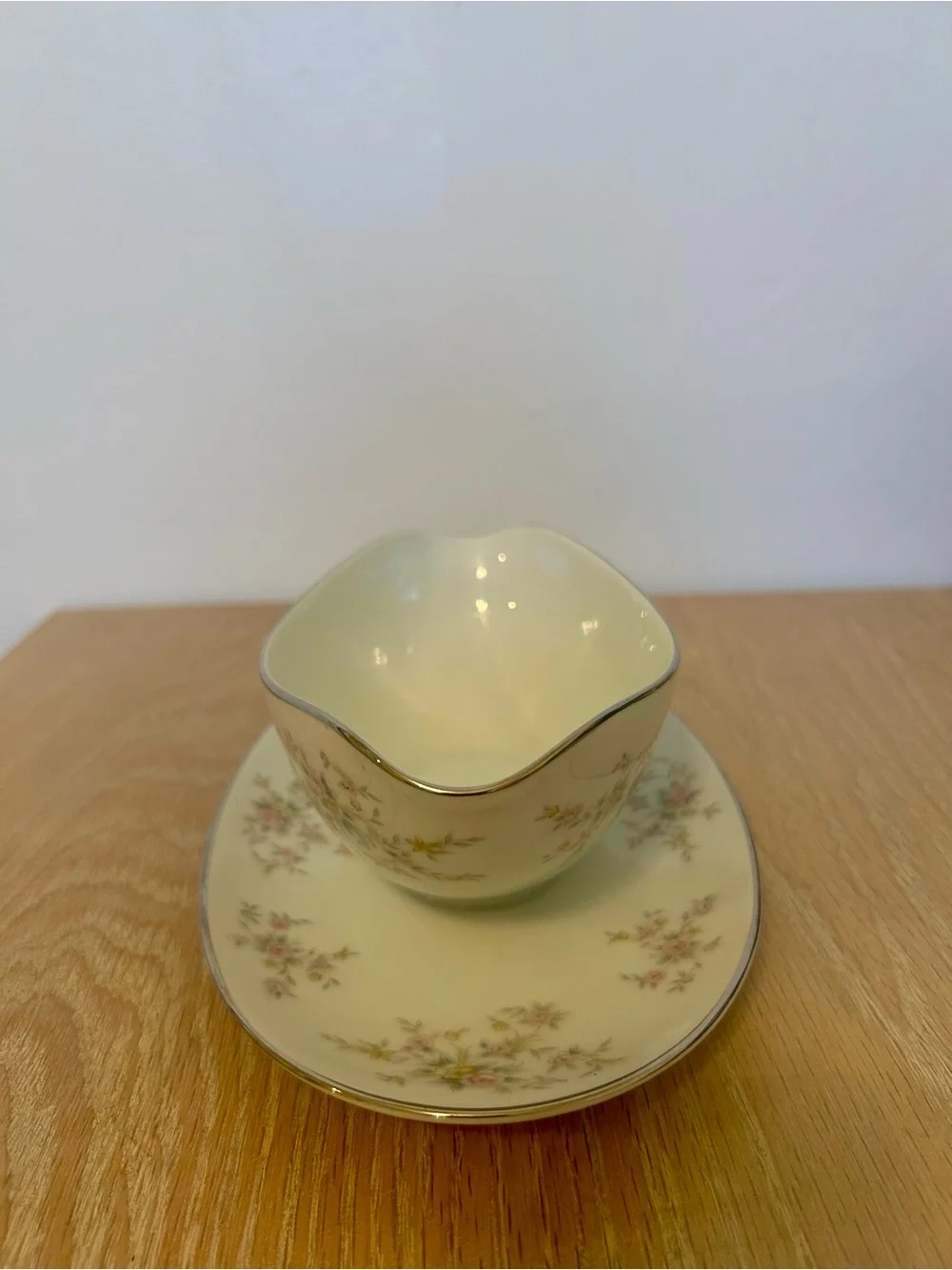 Vintage Noritake Cream Gravy Boat with Saucer and Pink Floral Sprays